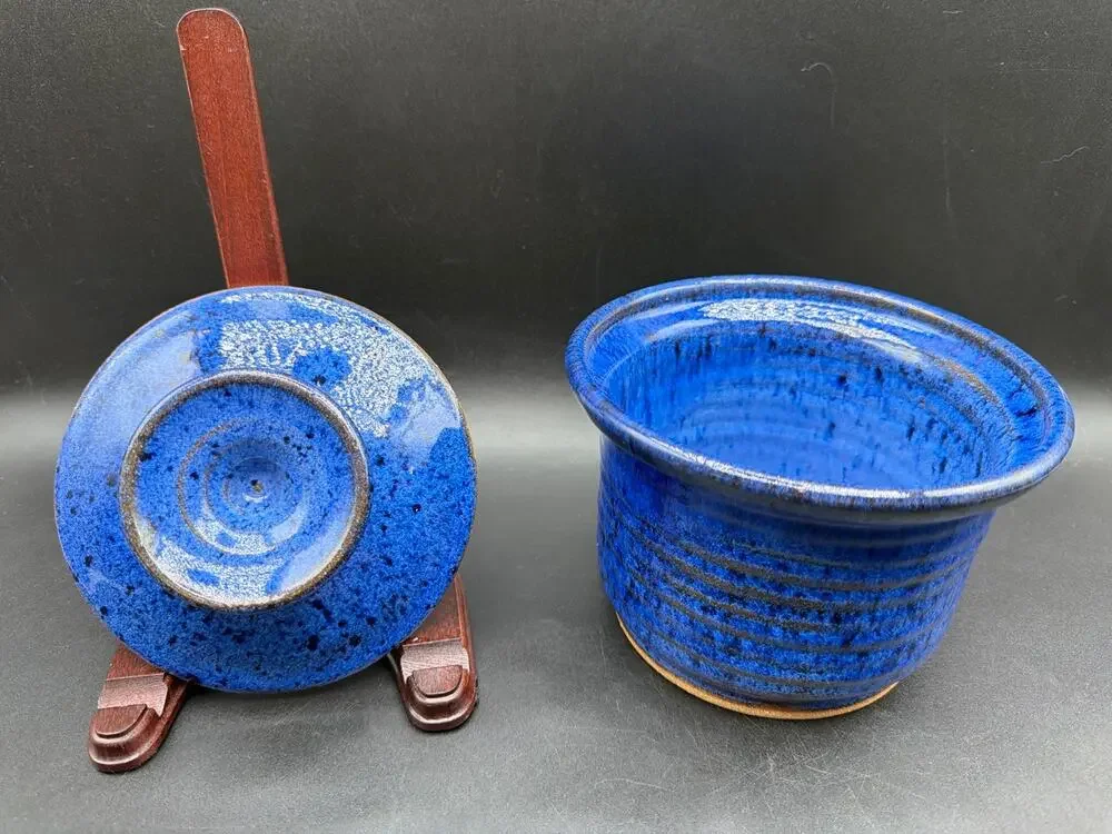 Vintage Mudflat Stoneware Cobalt Blue Covered Crock Canister Studio Pottery Hand